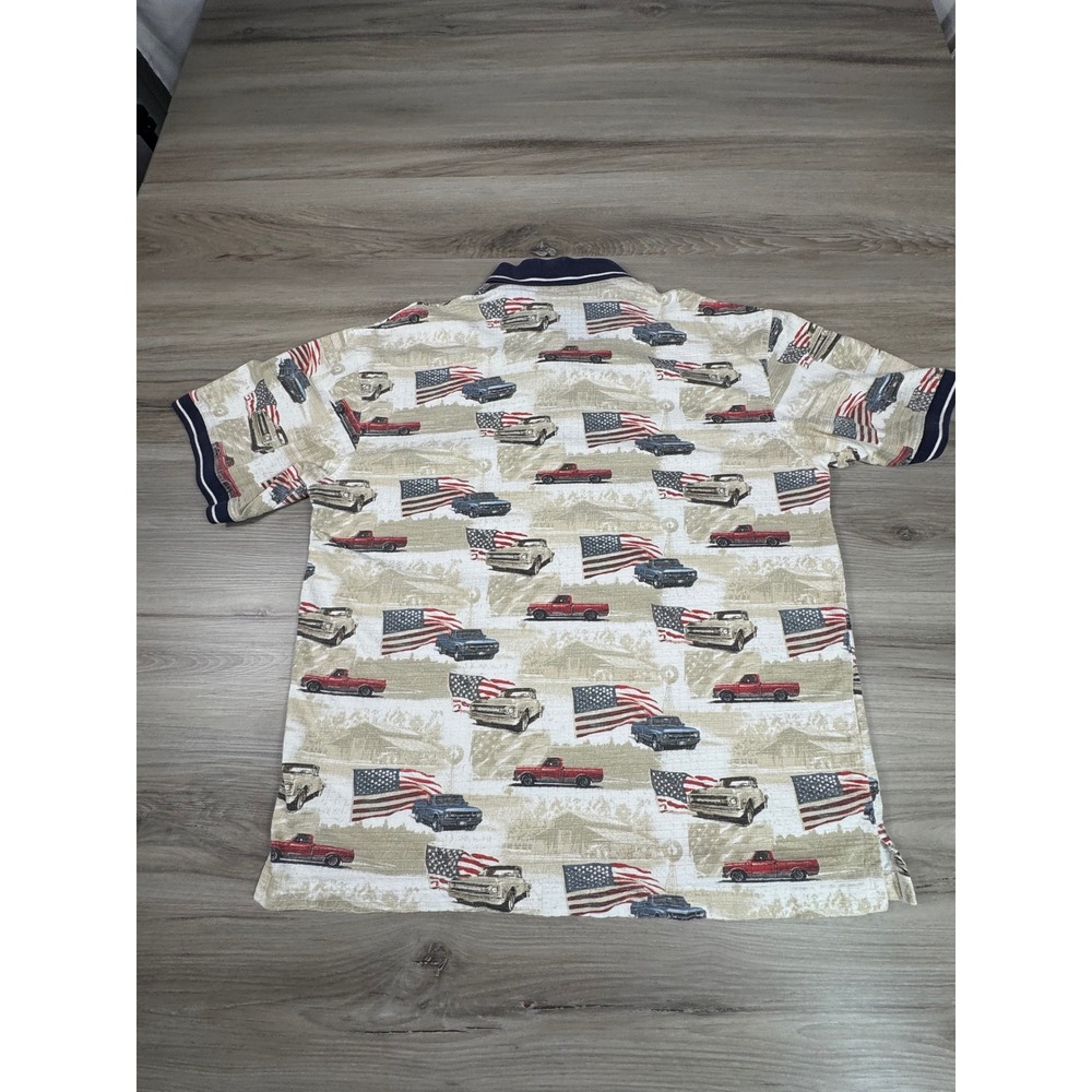 American Summer‎ Polo Shirt Mens Large Patriotic Trucks Flags Graphic Print